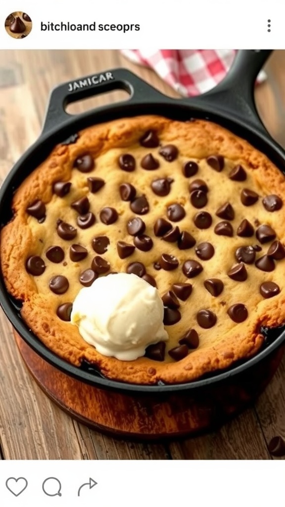 Chocolate chip cookie skillet with melted chocolate chips and a scoop of ice cream on a wooden table.